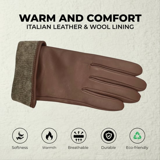 Damen-Fahrhandschuhe aus nudefarbenem, beigefarbenem italienischem Leder mit weichem Wollfutter und Schleifendesign für den Winter - Image 3