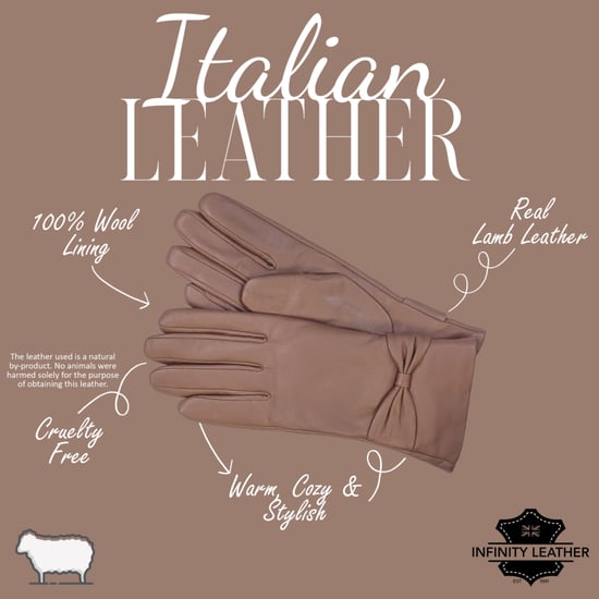Damen-Fahrhandschuhe aus nudefarbenem, beigefarbenem italienischem Leder mit weichem Wollfutter und Schleifendesign für den Winter - Image 4