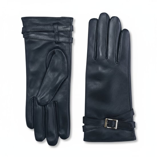 Schwarze Damen-Winter-Autofahrerhandschuhe aus italienischem Leder mit weichem Wollfutter und Schnalle - Image 1