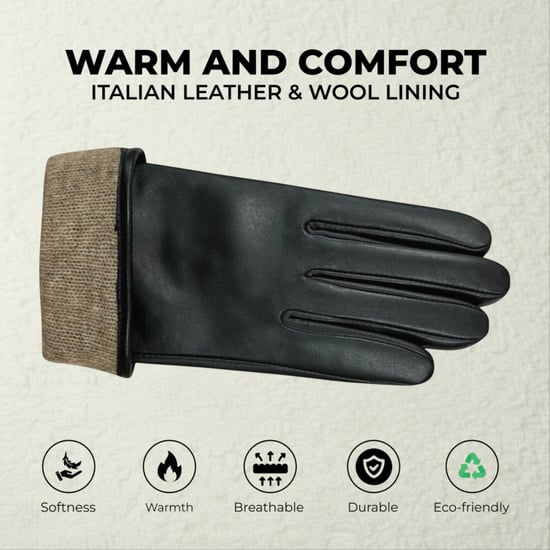 Schwarze Damen-Winter-Autofahrerhandschuhe aus italienischem Leder mit weichem Wollfutter und Schnalle - Image 3