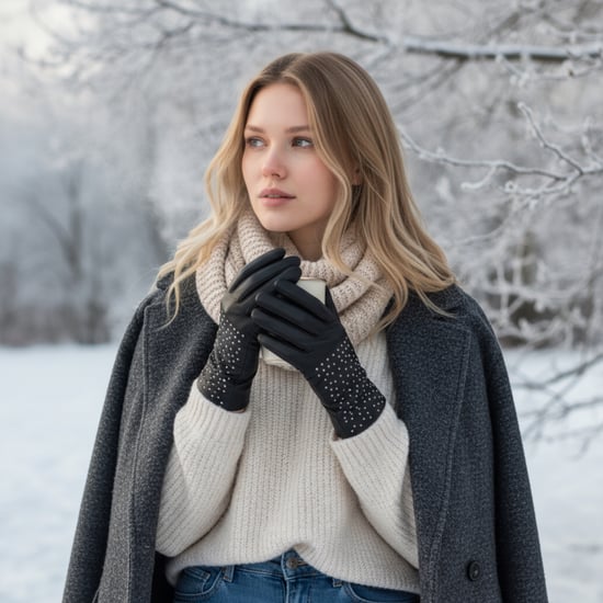 Schwarze italienische Leder-Fahrhandschuhe für Damen mit weichem Wollfutter, Winterdesign und Nietenbesatz - Image 2