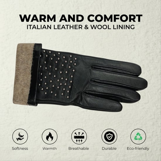 Schwarze italienische Leder-Fahrhandschuhe für Damen mit weichem Wollfutter, Winterdesign und Nietenbesatz - Image 3