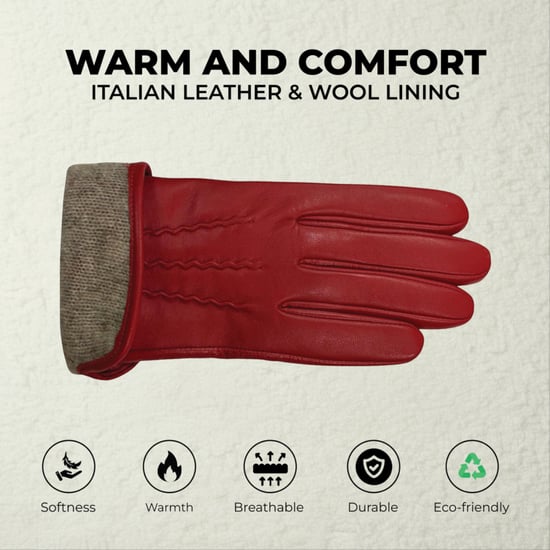 Rote Damen-Autofahrerhandschuhe aus italienischem Leder mit weichem Wollfutter und Winternahtdesign - Image 3