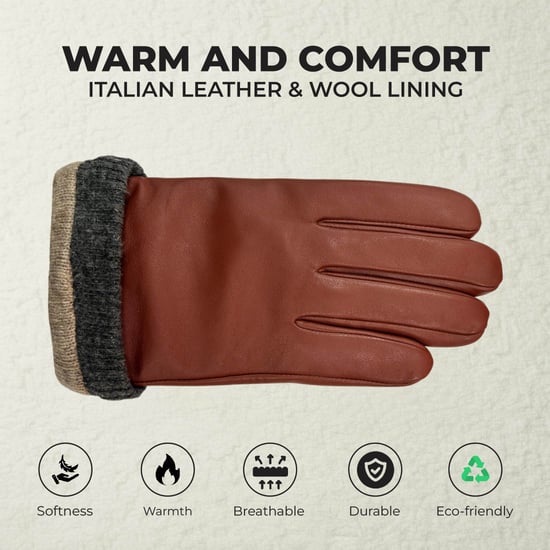 Herrenhandschuhe aus hellbraunem italienischem Leder mit warmem Wollfutter, ideal für Winter, Radfahren, Autofahren und Freizeit. - Image 3