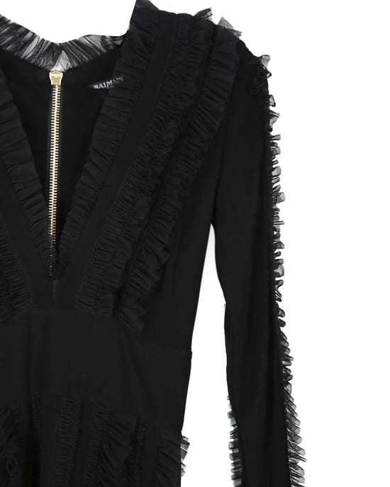 Balmain – Schwarzes Minikleid aus Viskose mit gerüschtem Tüllbesatz, V-Ausschnitt und langen Ärmeln - Image 2