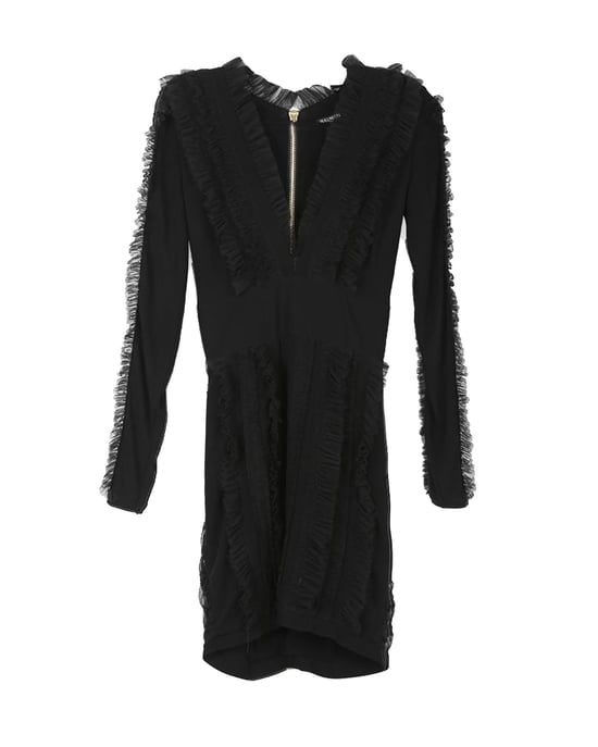 Balmain – Schwarzes Minikleid aus Viskose mit gerüschtem Tüllbesatz, V-Ausschnitt und langen Ärmeln - Image 3
