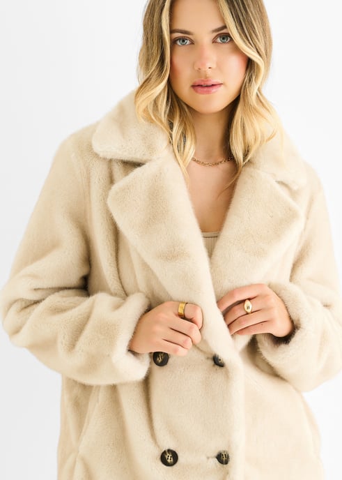 Beige Kunstpelz Doppelreihige Langarmjacke - Image 2