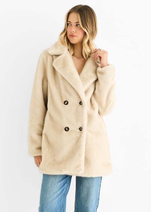 Beige Kunstpelz Doppelreihige Langarmjacke - Image 3