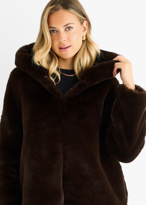 Langärmelige Kunstpelzjacke mit Kapuze aus Schokolade - Image 2