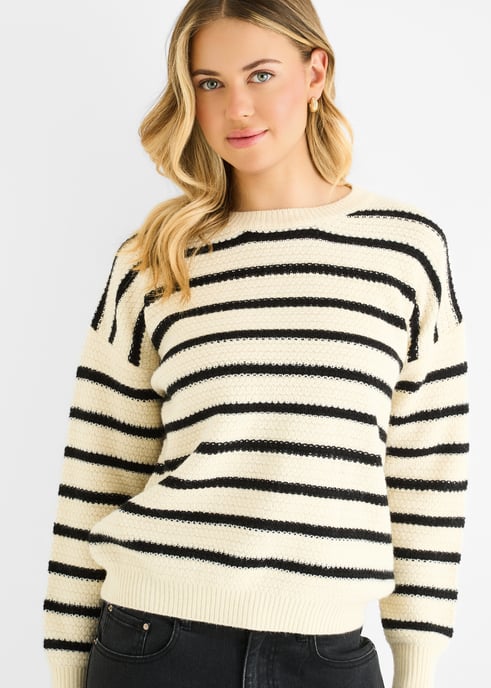 Beige gestreifter, grob gestrickter Oversize-Pullover - Image 2