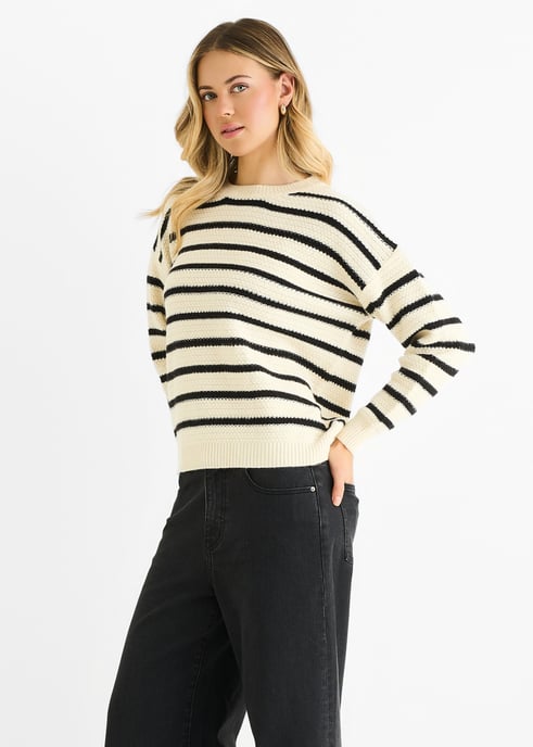 Beige gestreifter, grob gestrickter Oversize-Pullover - Image 3