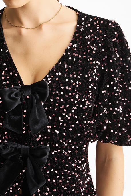 Lila Samt Pailletten Schleife Front Bubble Sleeve Top - Image 2