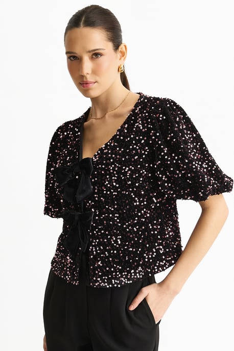 Lila Samt Pailletten Schleife Front Bubble Sleeve Top - Image 3