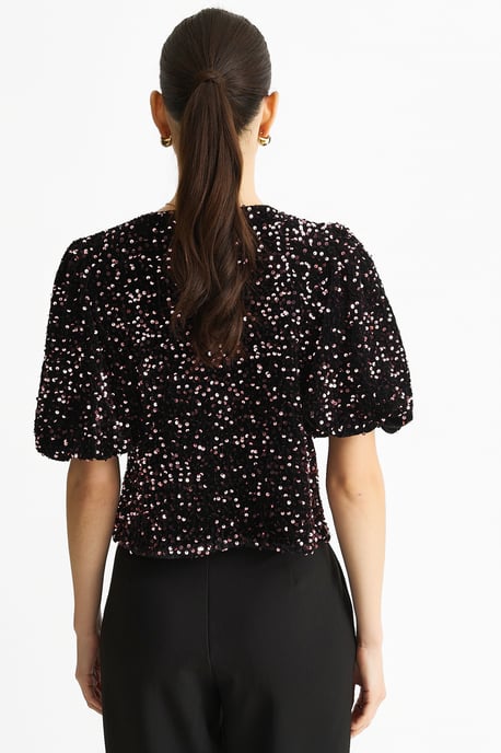 Lila Samt Pailletten Schleife Front Bubble Sleeve Top - Image 4