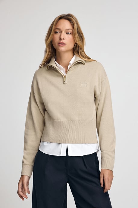Pullover beige mit halbem Reißverschluss aus Baumwolle - Image 1