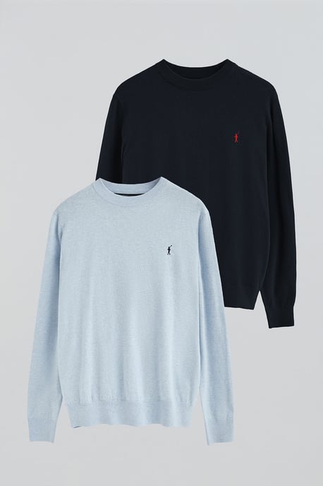Zweierpack Herrenpullover marineblau und hellblau meliert aus Wollgemisch mit gesticktem Rigby Go-Logo - Image 1