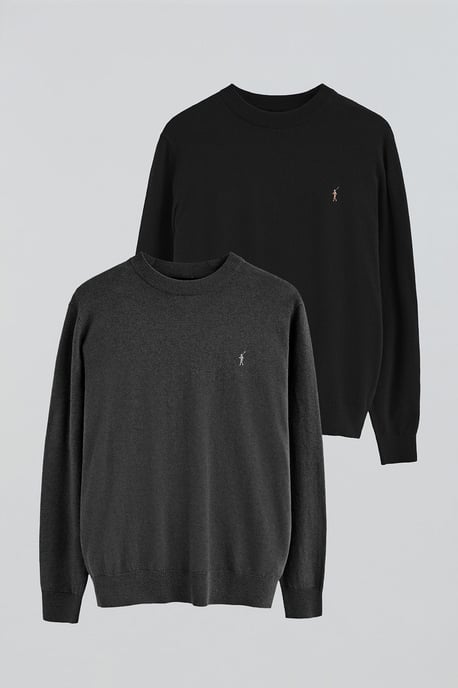 Zweierpack Herrenpullover schwarz und dunkelgrau meliert aus Wollgemisch mit gesticktem Rigby Go-Logo - Image 1