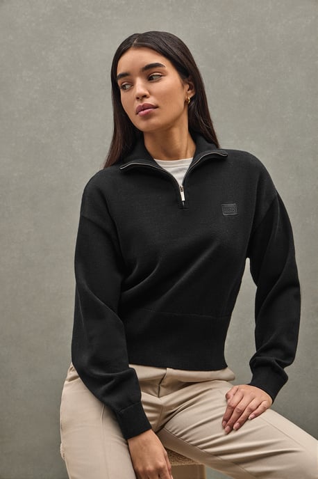 Pullover schwarz mit halbem Reißverschluss aus Baumwolle - Image 1