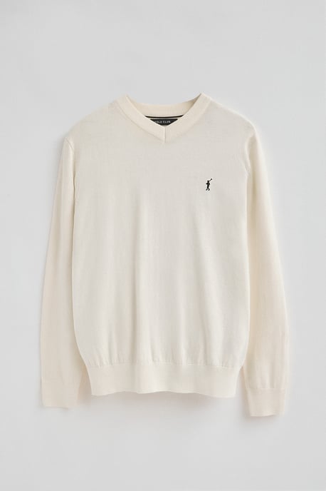 Pullover ecru aus Wollgemisch mit V-Ausschnitt und gesticktem Rigby Go-Logo - Image 5