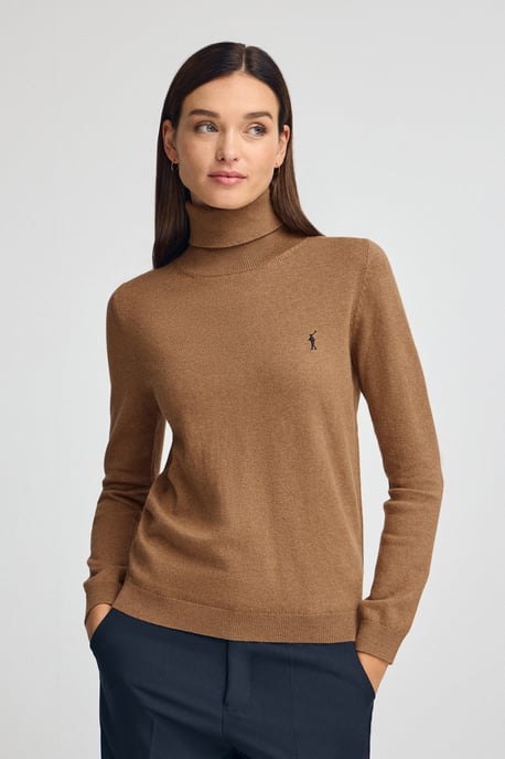 Rollkragenpullover camel meliert aus Wollgemisch mit gesticktem Rigby Go-Logo - Image 1