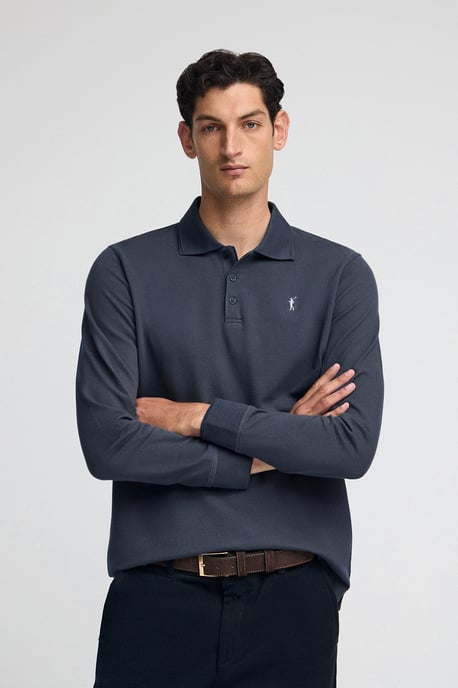 Poloshirt denimblau mit langen Ärmeln und gesticktem Rigby Go-Logo - Image 1