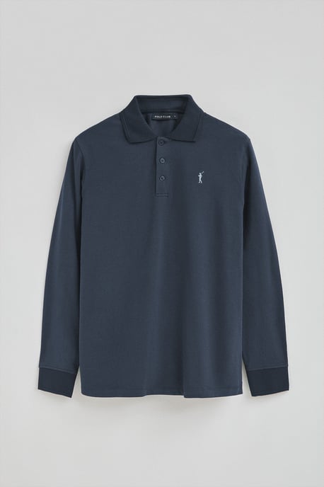 Poloshirt denimblau mit langen Ärmeln und gesticktem Rigby Go-Logo - Image 5