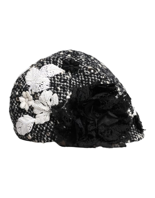 Schwarzer Wollhut mit weißen floralen Verzierungen - Image 2