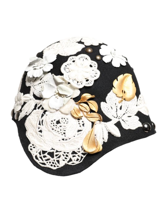 Schwarzer Wollhut mit weißen Blumen und goldenen Blättern - Image 2