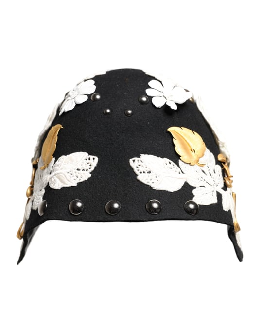 Schwarzer Wollhut mit weißen Blumen und goldenen Blättern - Image 3