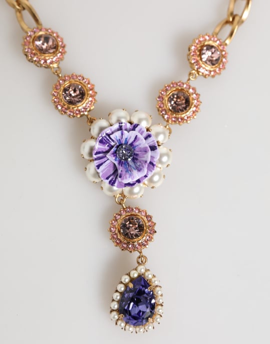 Goldene Messing Kristall Perle Lila Blumen Anhänger Schmuck Halskette - Image 2