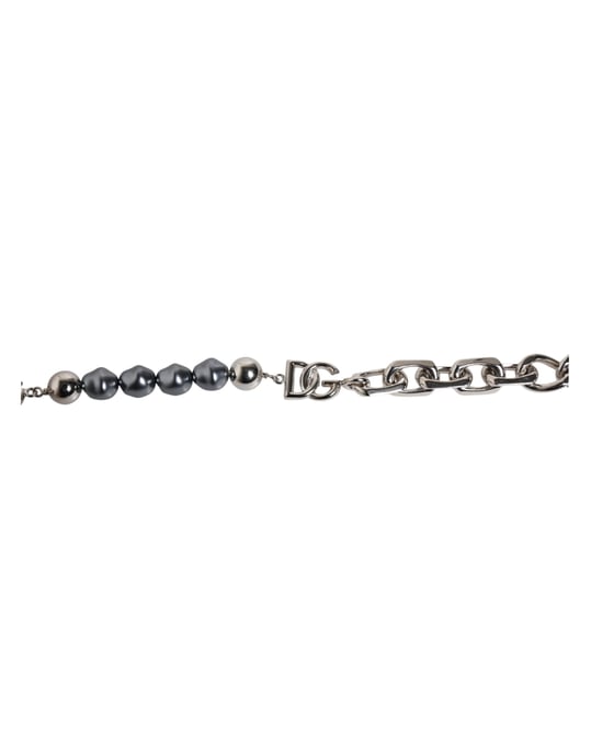 Armband mit grauen Perlen und Silberfarbener Kette mit Karabinerhaken-Logo - Image 2