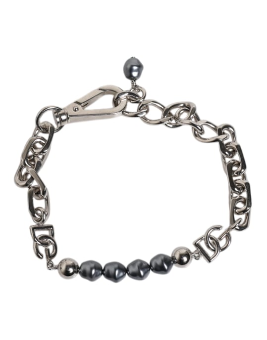Armband mit grauen Perlen und Silberfarbener Kette mit Karabinerhaken-Logo - Image 5