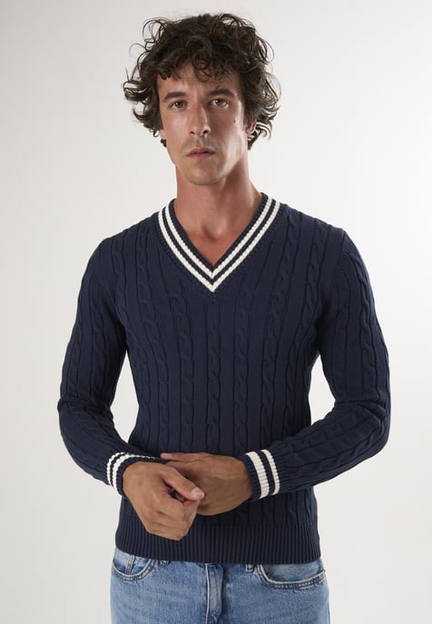 Pullover Basic-Pullover Mit V-Ausschnitt Und Zopfmuster - Image 1
