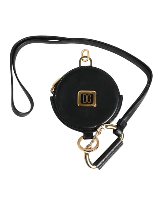 Schwarze Runde Leder DG Logo Münzgeldbörse mit Lanyard - Image 1