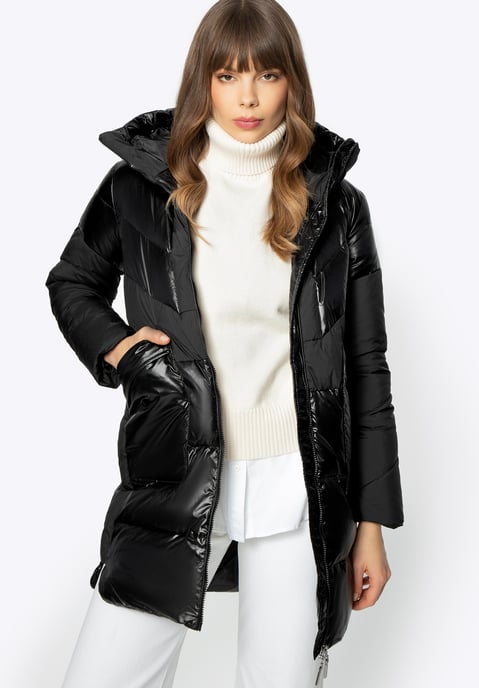 Wittchen Damen-Daunenmantel aus Materialmix mit Kapuze, schwarzes Nylon - Image 1
