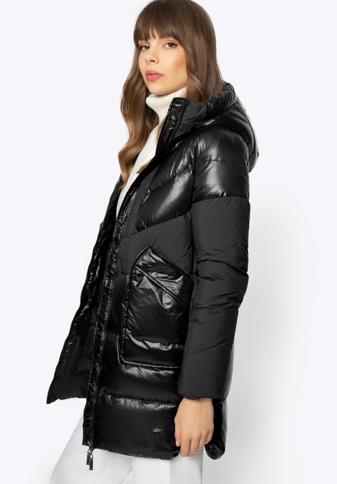 Wittchen Damen-Daunenmantel aus Materialmix mit Kapuze, schwarzes Nylon - Image 2