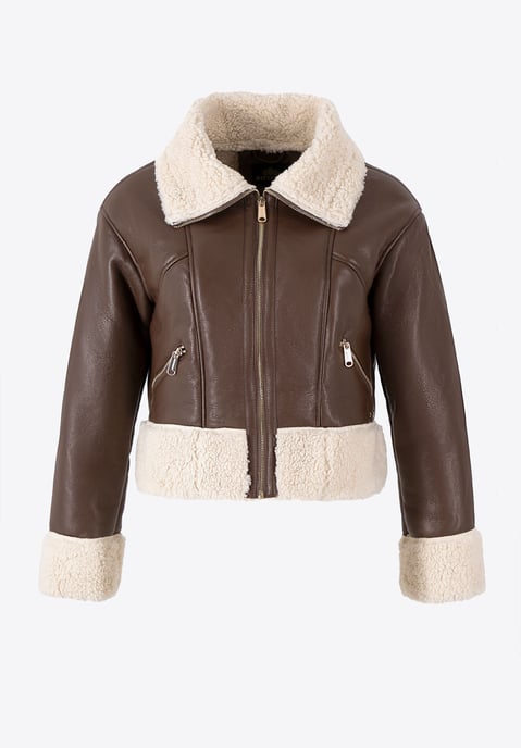 Wittchen Damen kurze braune Kunstlederjacke mit Pelzbesatz - Image 5