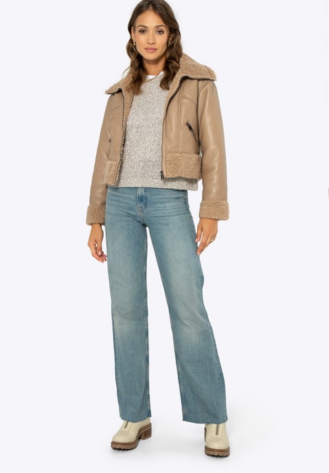 Wittchen Damen kurze beige Jacke mit Pelzbesatz, beiges Kunstleder - Image 3