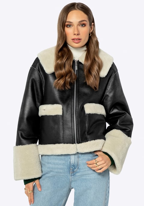 Wittchen Damen-Kurzjacke mit Kunstpelz, schwarzes Kunstleder - Image 2