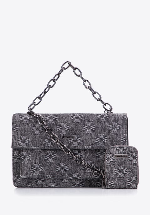 Wittchen Damen-Umhängetasche aus Denim mit Monogramm, graue Baumwolle - Image 2