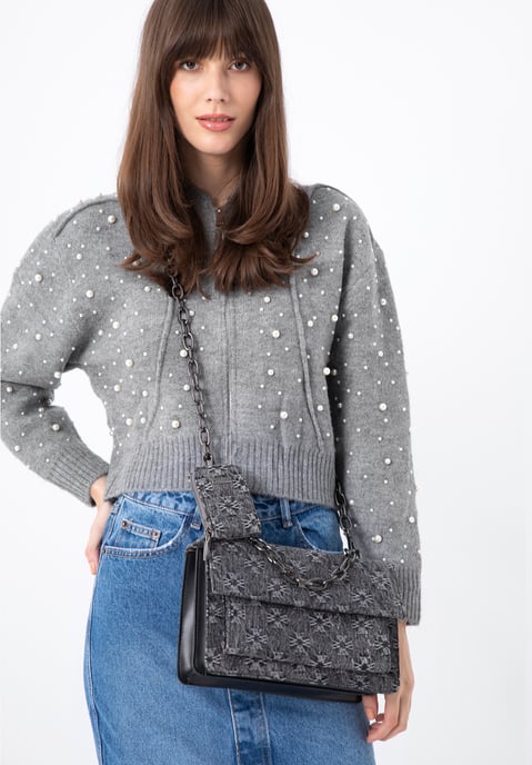 Wittchen Damen-Umhängetasche aus Denim mit Monogramm, graue Baumwolle - Image 5