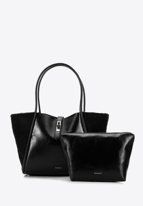 Wittchen Damen-Einkaufstasche mit Pelzbesatz, schwarz, Kunstleder - Image 3