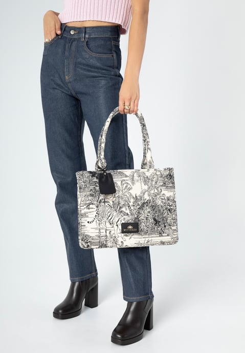 Wittchen Damen-Shopper-Tasche aus Jacquard-Stoff mit Quaste, Schwarz und Creme - Image 4