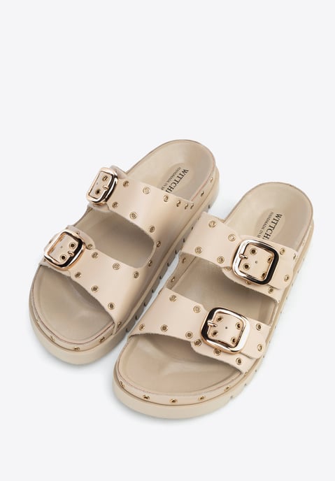 Wittchen Damen-Lederpantoletten mit Metalldetails, beige und goldfarben - Image 3