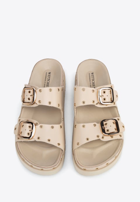 Wittchen Damen-Lederpantoletten mit Metalldetails, beige und goldfarben - Image 4
