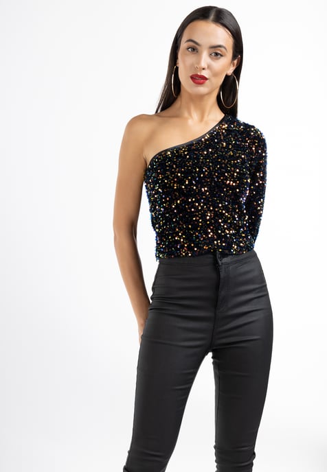 Faina One-Shoulder-Pailletten-Top Damen blau - Image 3