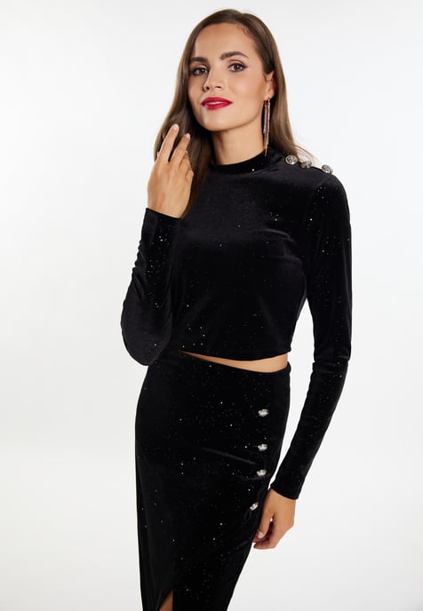 Faina Samtshirt mit Glitzer Damen schwarz - Image 3