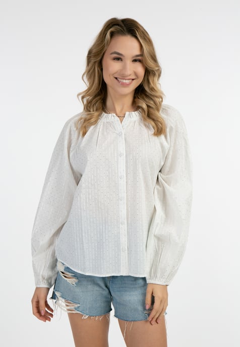 IZIA Baumwollbluse mit Metallicgarn Damen Wollweiß mit silbernen Streifen und Punkten - Image 3