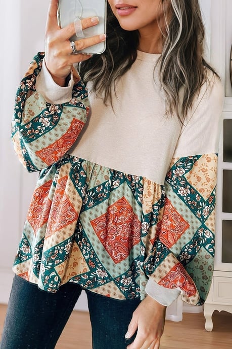Patchwork-Druckbluse mit langen Ärmeln - Image 1