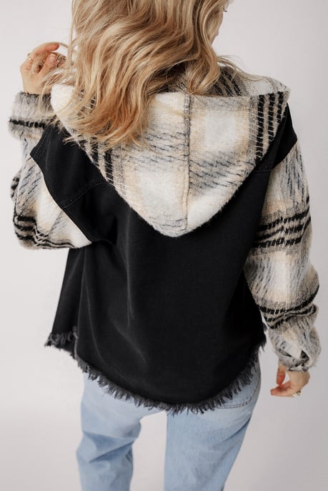 Kapuz denimjacke mit karierten Ärmeln - Image 3